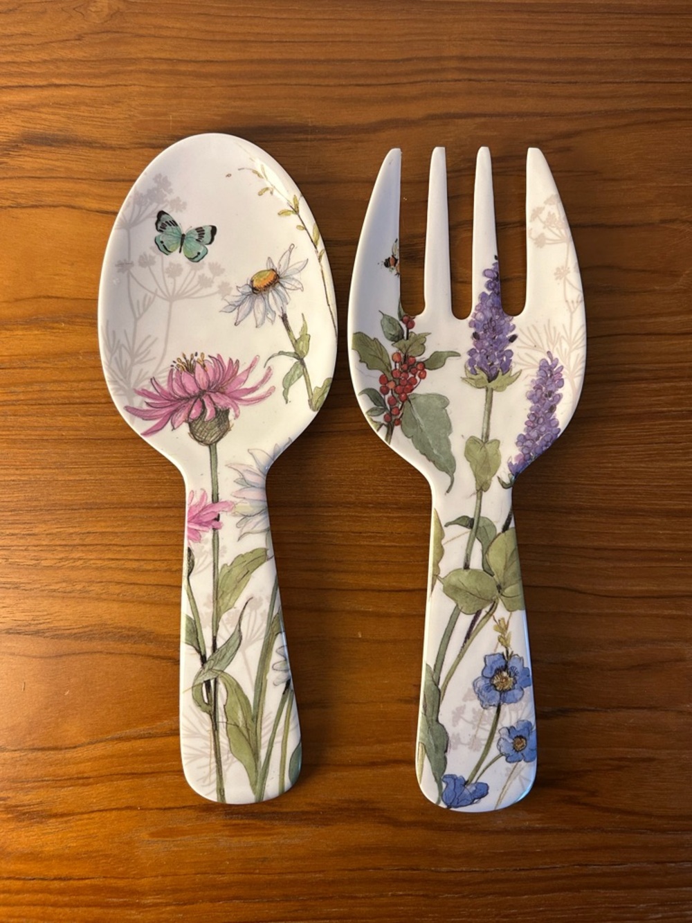 Melamine White Floral Serving Spoon and Fork Set with Multicolor Botanical Print
